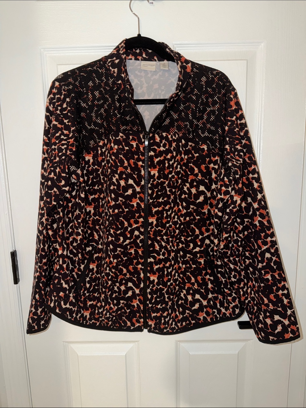 Leopard-Print Zip Bomber Jacket in Black & Rust by Chico's